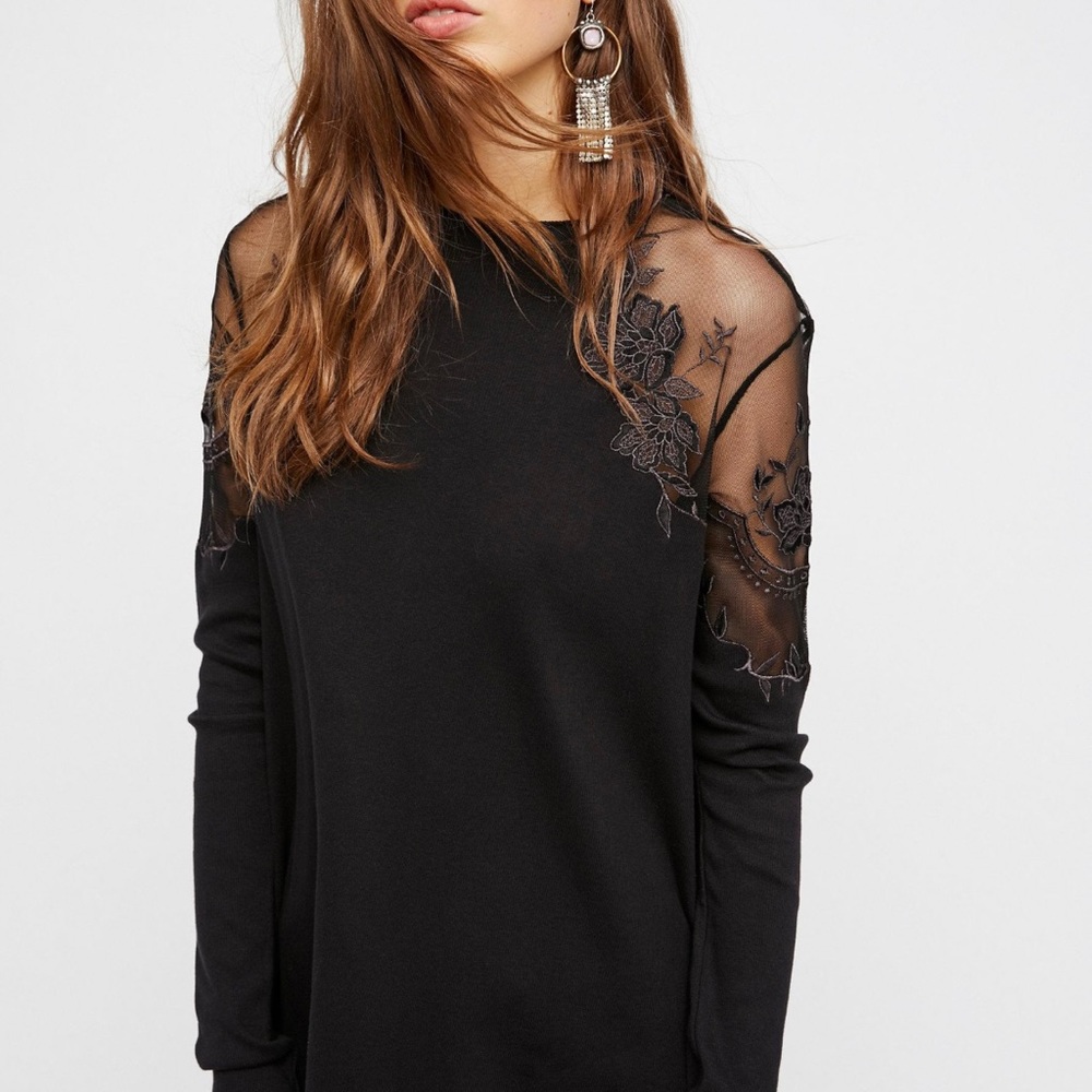 Free People Daniella Sheer Mesh Embroidered Floral Detail Ribbed Long Sleeve Top